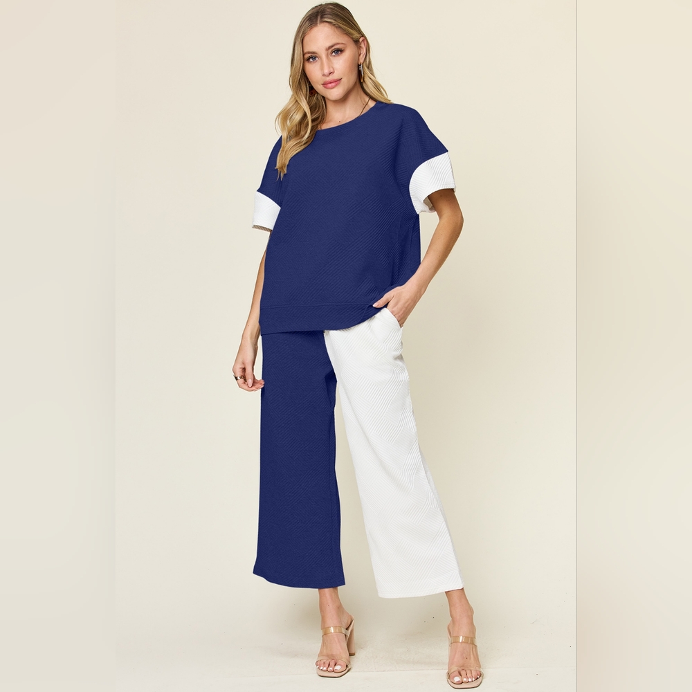 Double Take Full Size Texture Contrast T-Shirt and Wide Leg Pants Set